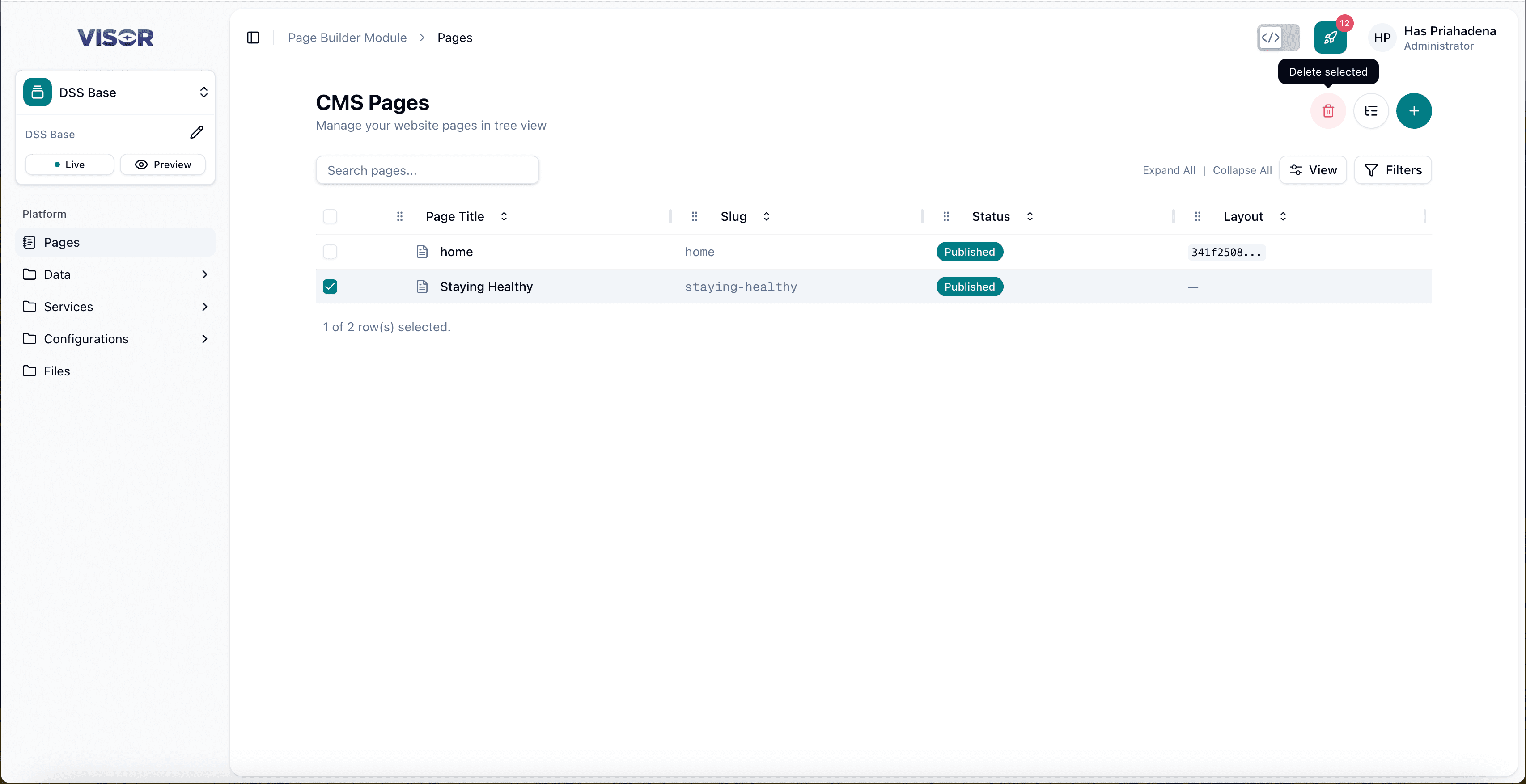 Page Builder - Delete page method 1 from listing