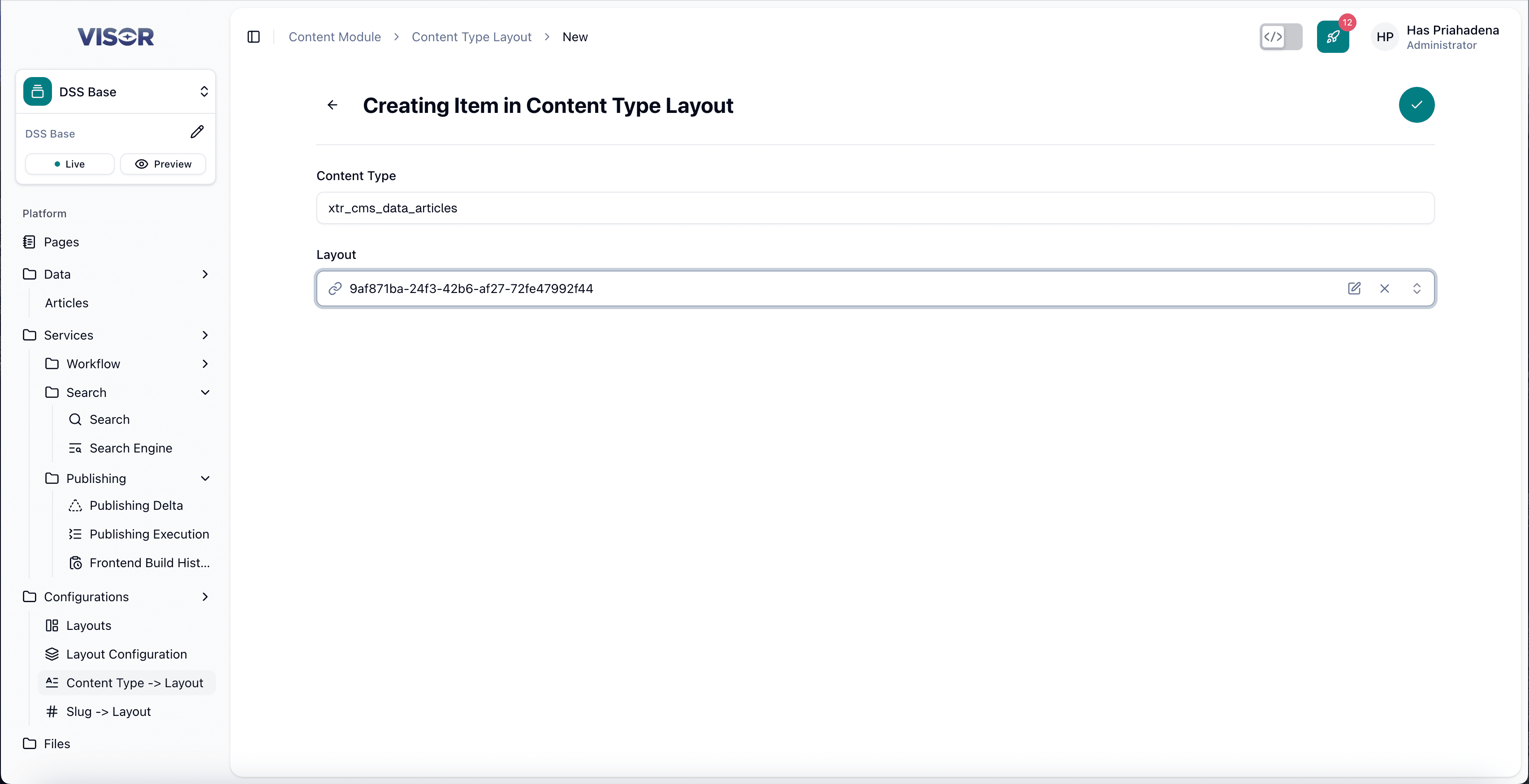 Content Type → Layout creation form