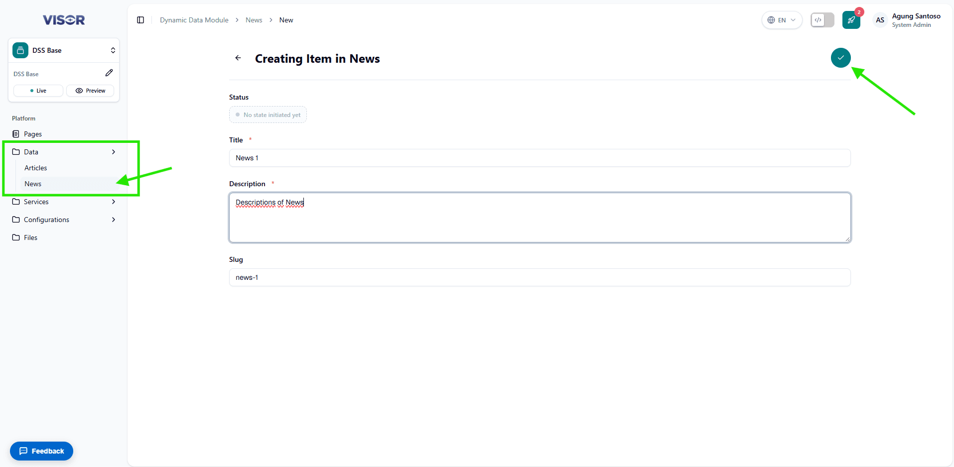 New item in Start status (Articles shown as an example)