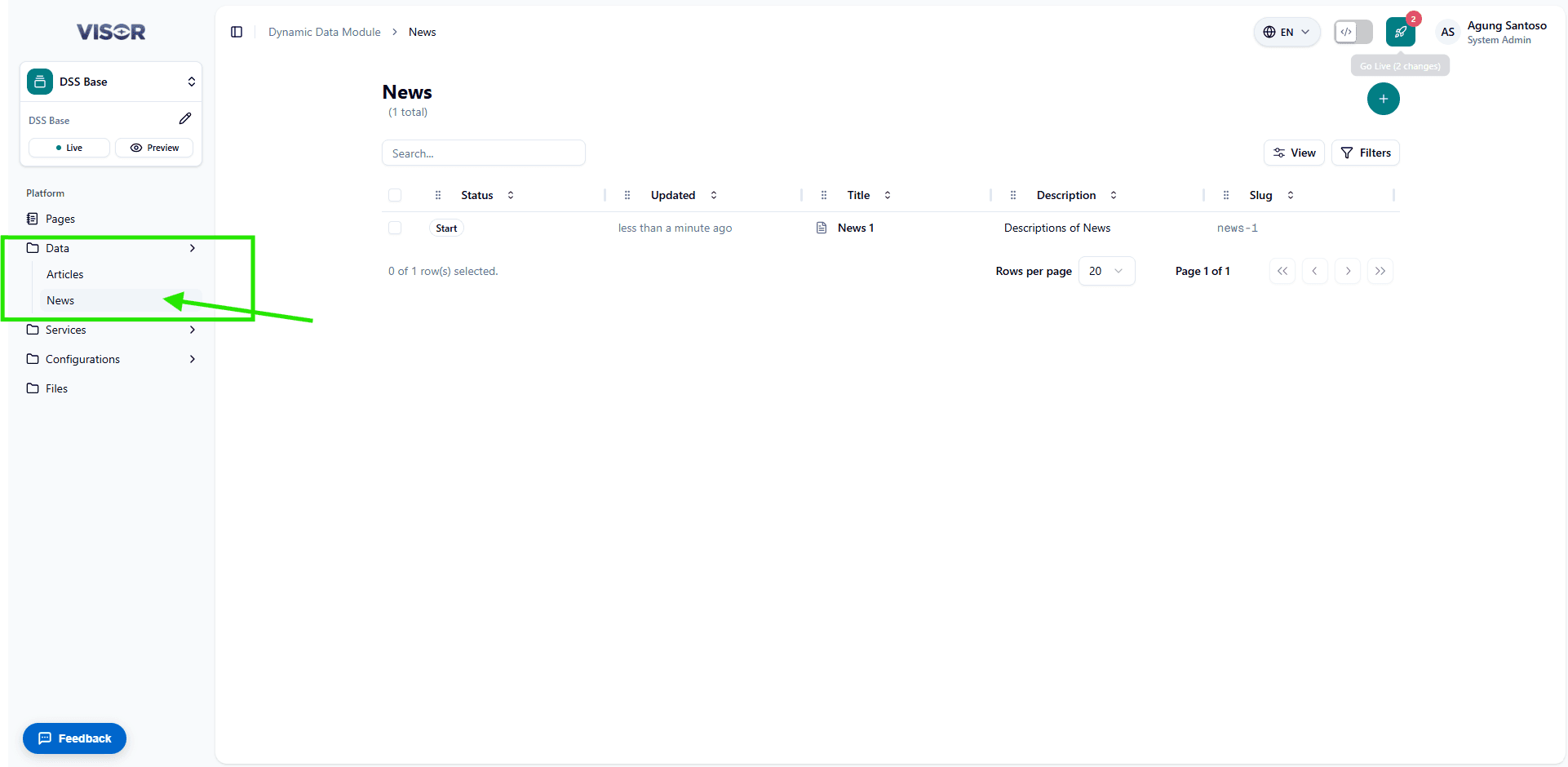 Visible Collections field on the site detail page