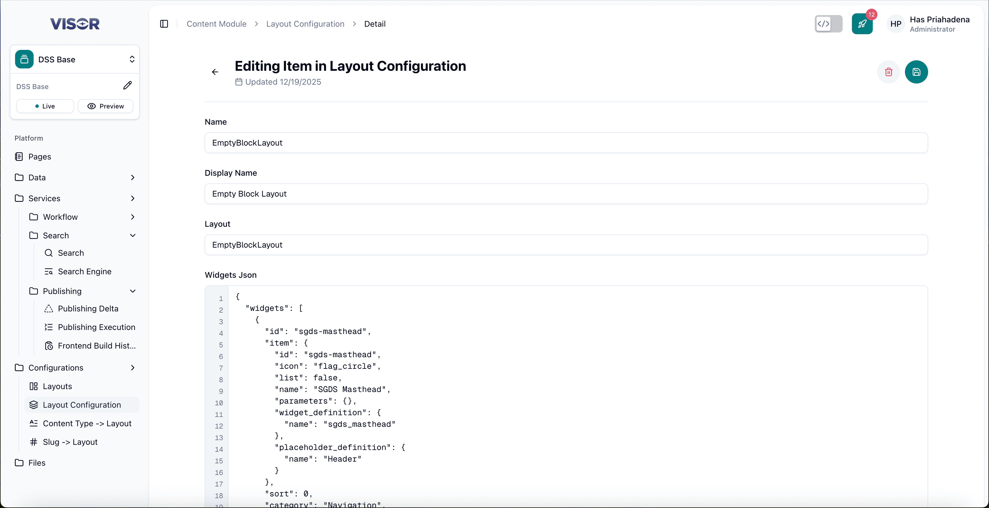 Layout Configuration form