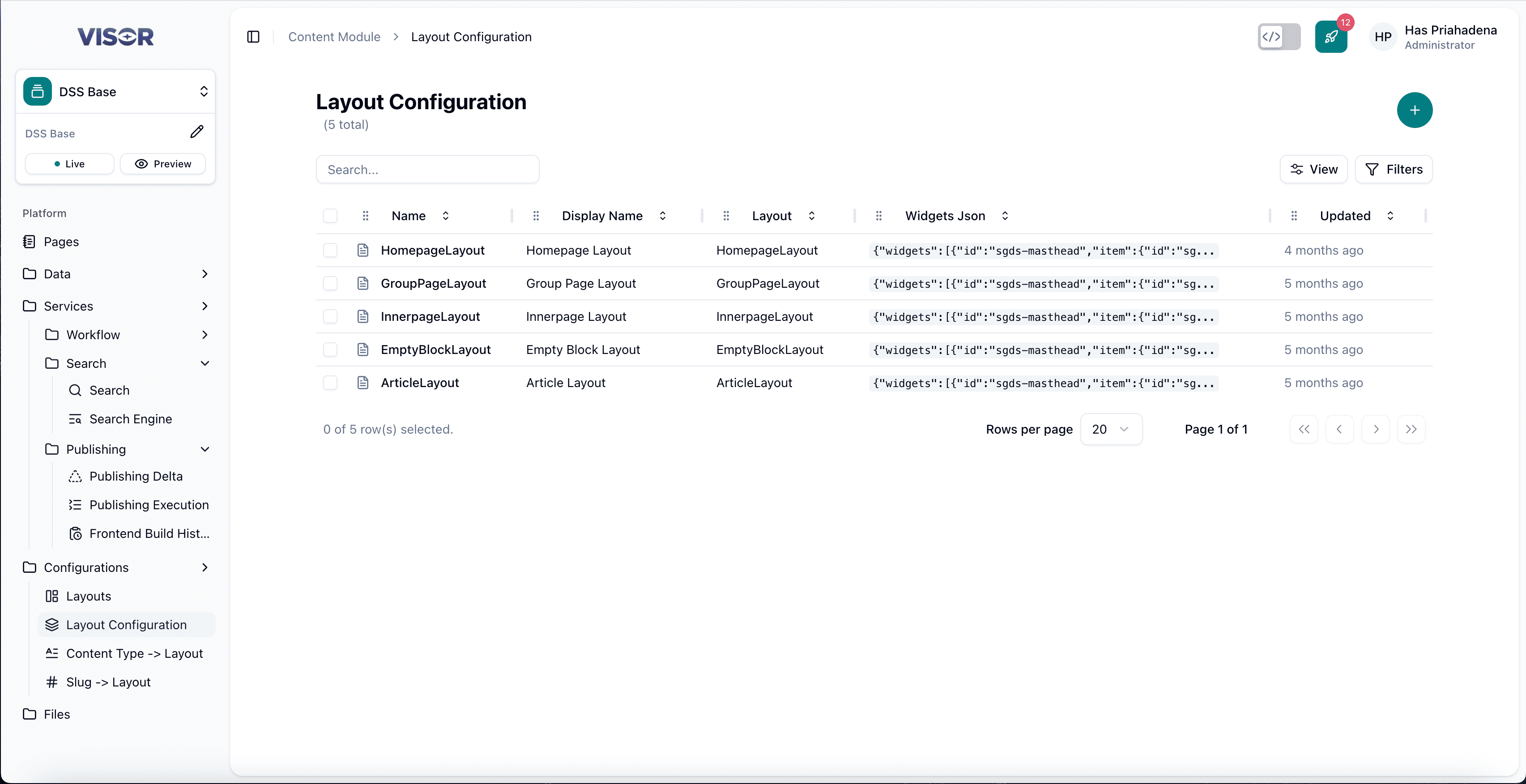 Layout Configuration listing