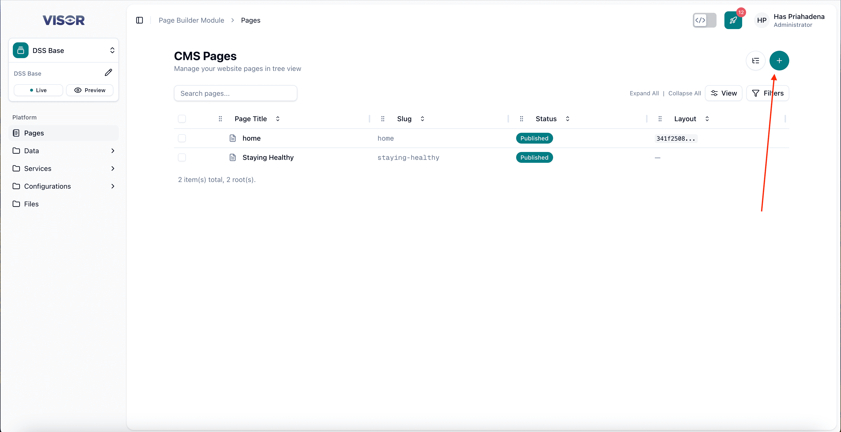 Click the + button to create a new page