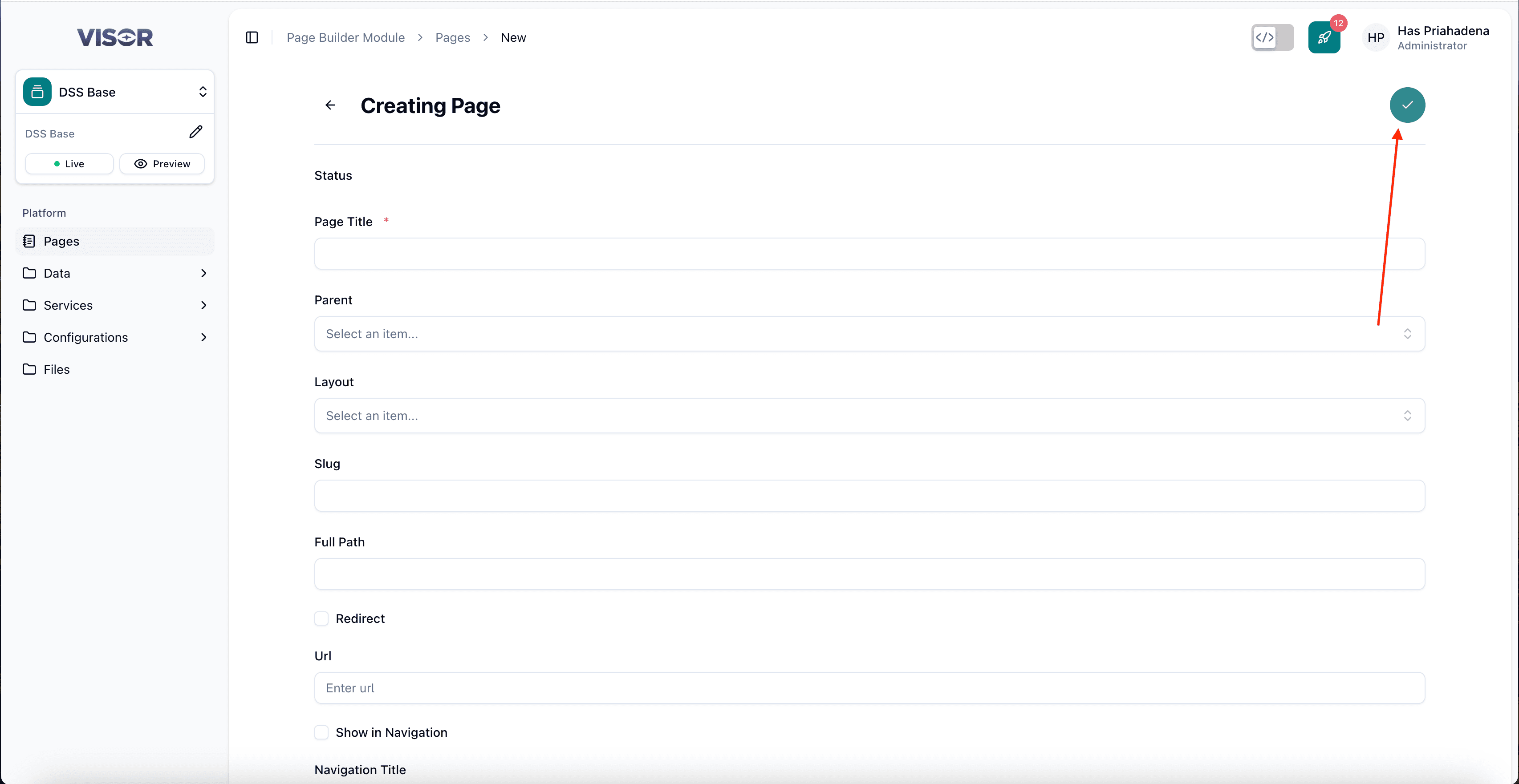Click the save button to confirm page creation