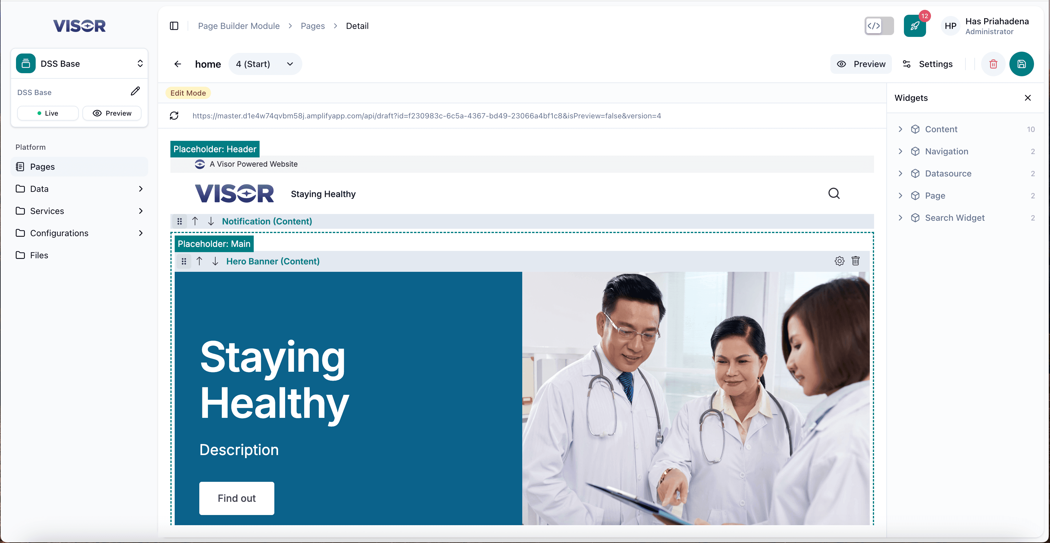 Page Builder - Edit page step 3 edit mode with placeholders and widgets