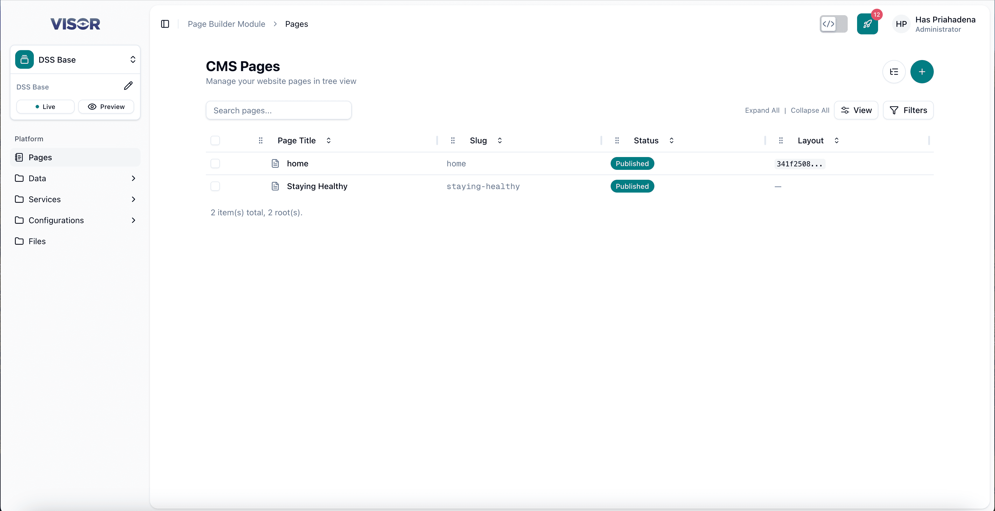 Page Builder — CMS Pages listing