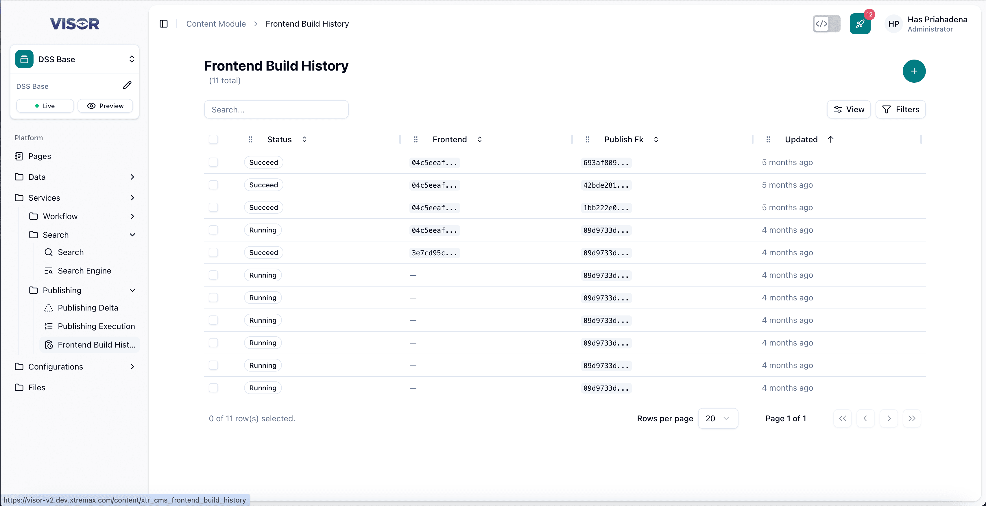Frontend Build History listing