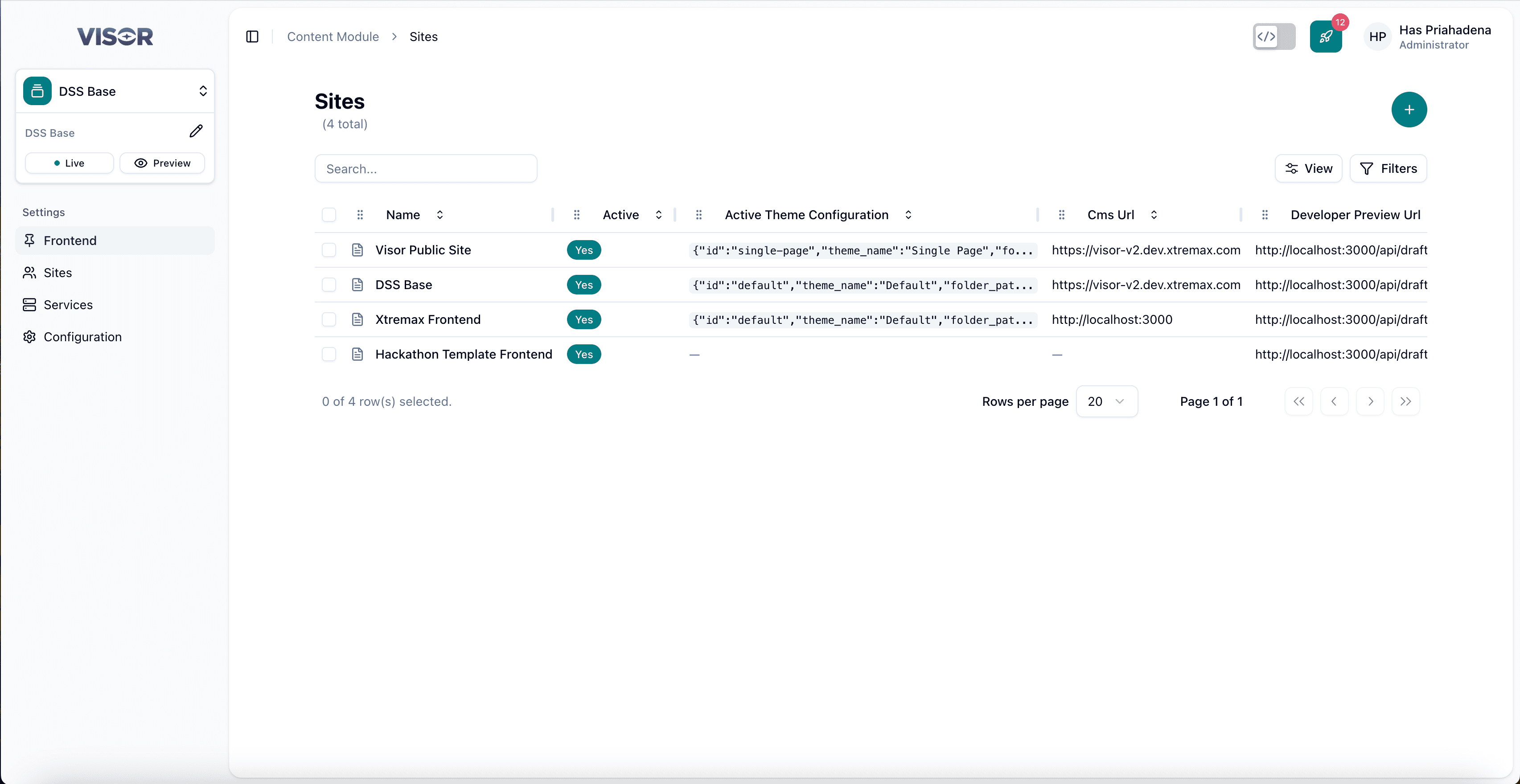 Visor Studio settings — Sites view