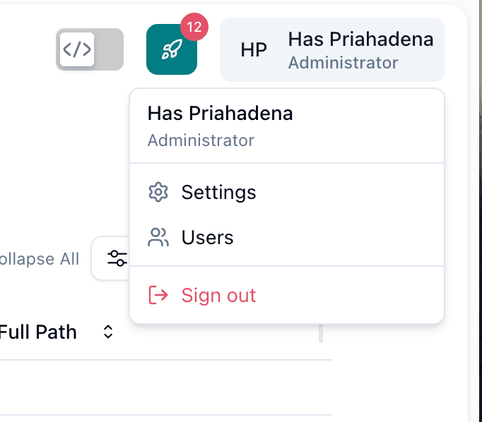 User account dropdown menu