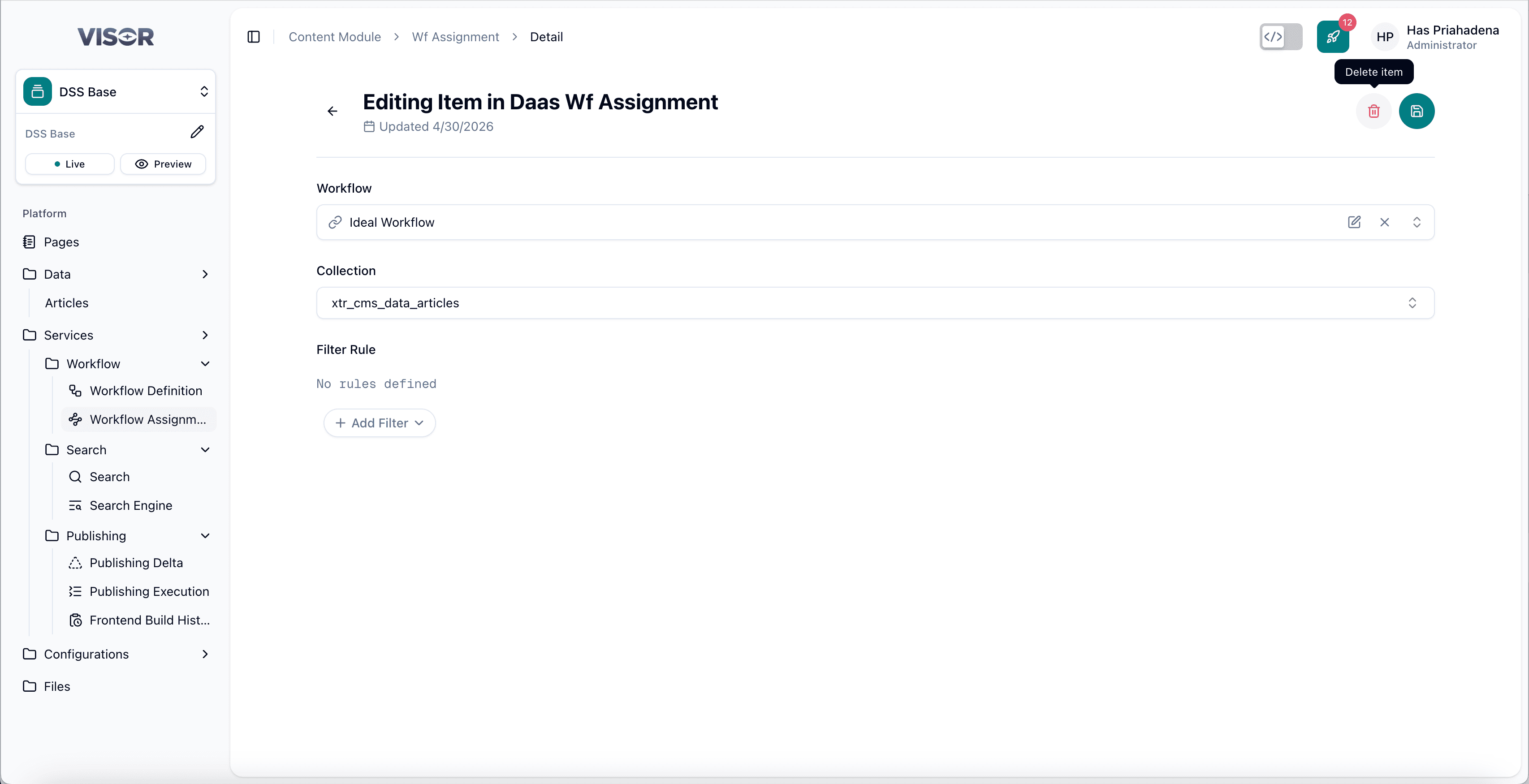 Workflow Assignment — delete from form