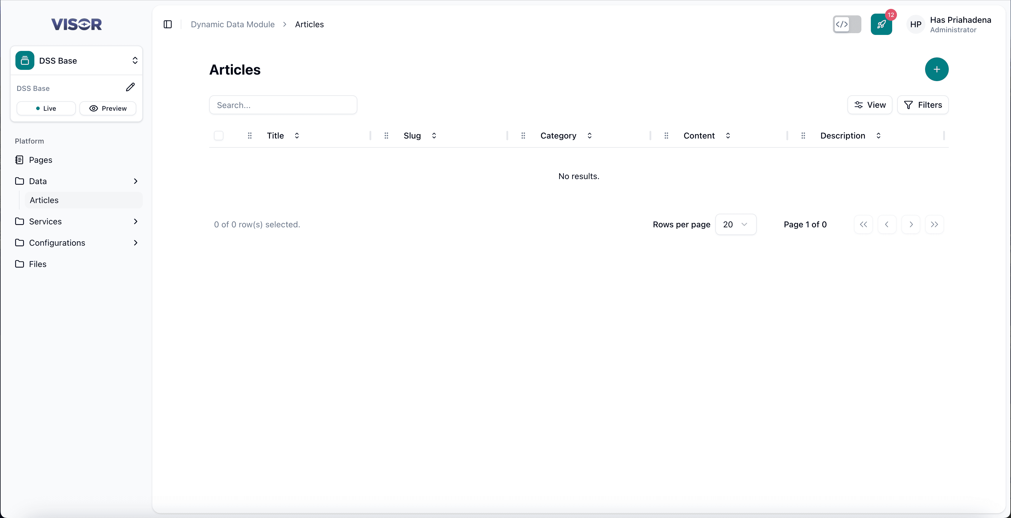 Dynamic Data — Click the + button to create a new article