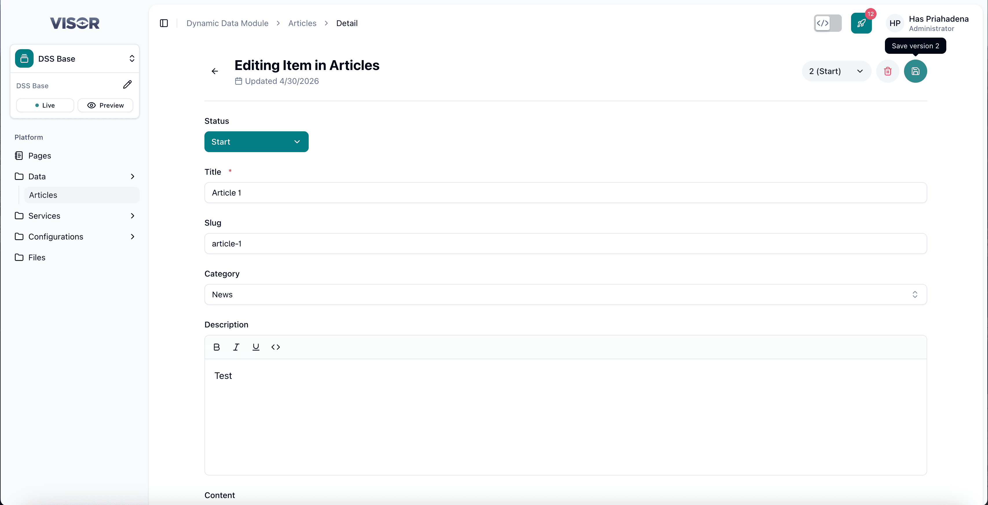 Dynamic Data — Edit article form in editable Start state