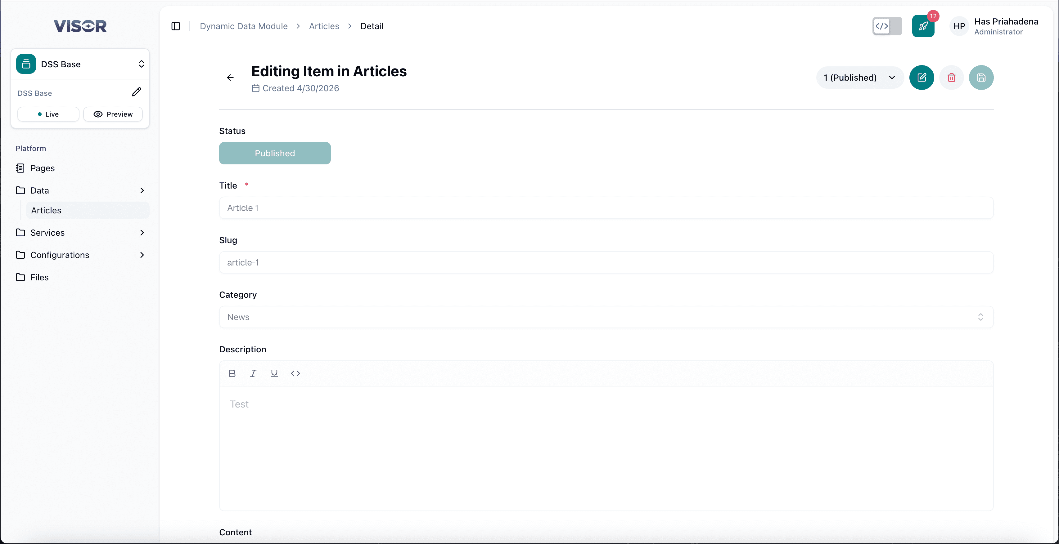 Dynamic Data — Edit article form in Published state (fields read-only)