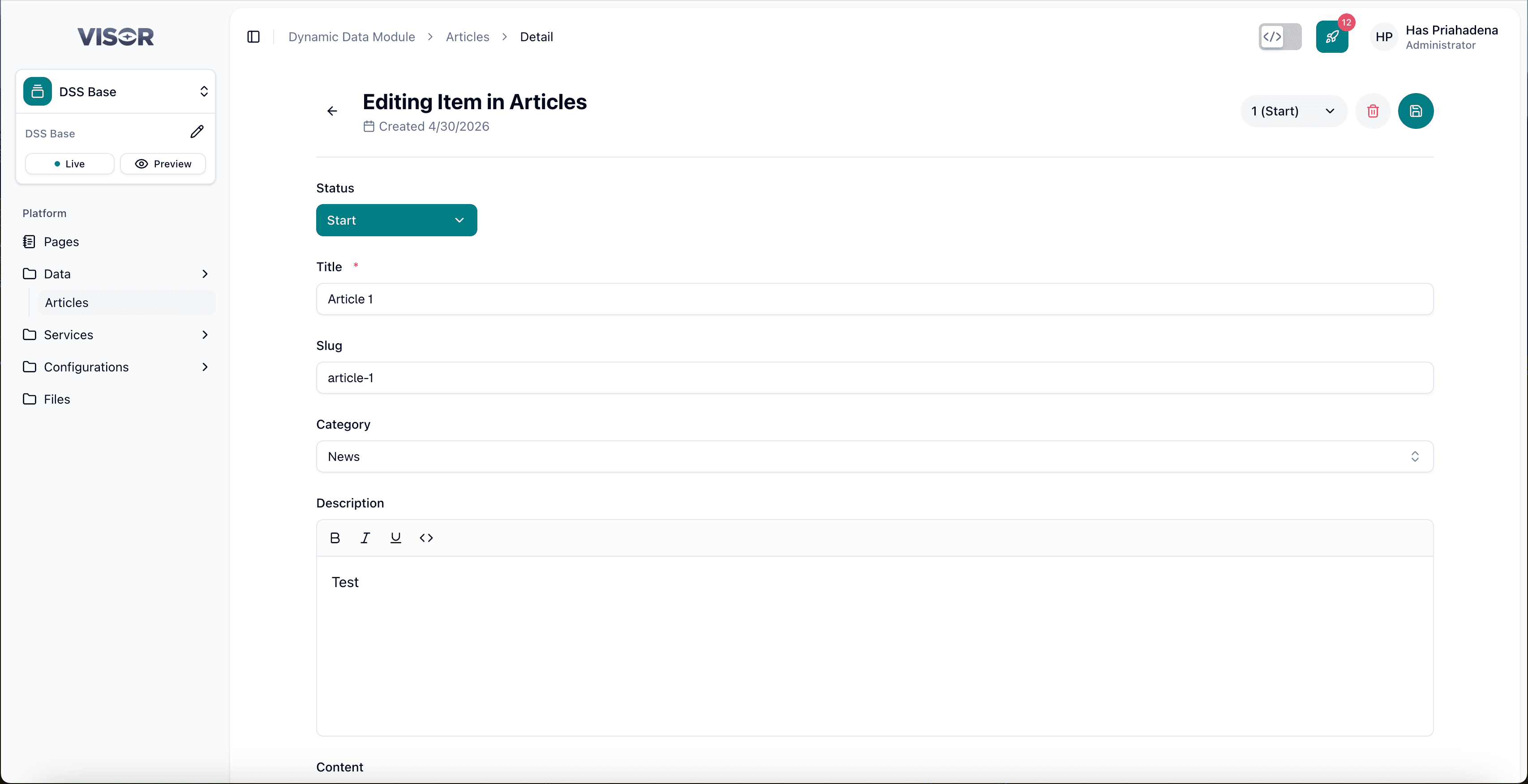 Dynamic Data — Article detail form in Start status