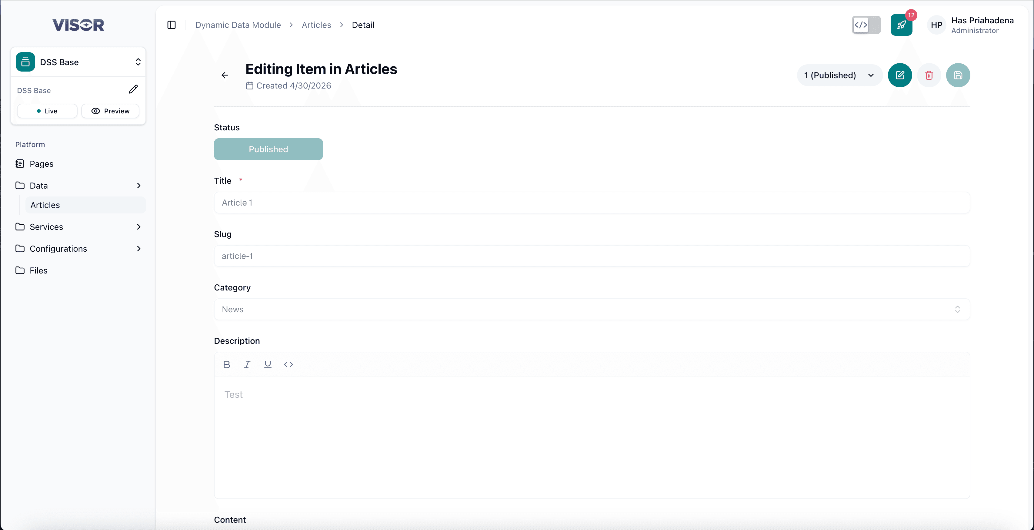 Dynamic Data — Article detail form in Published status