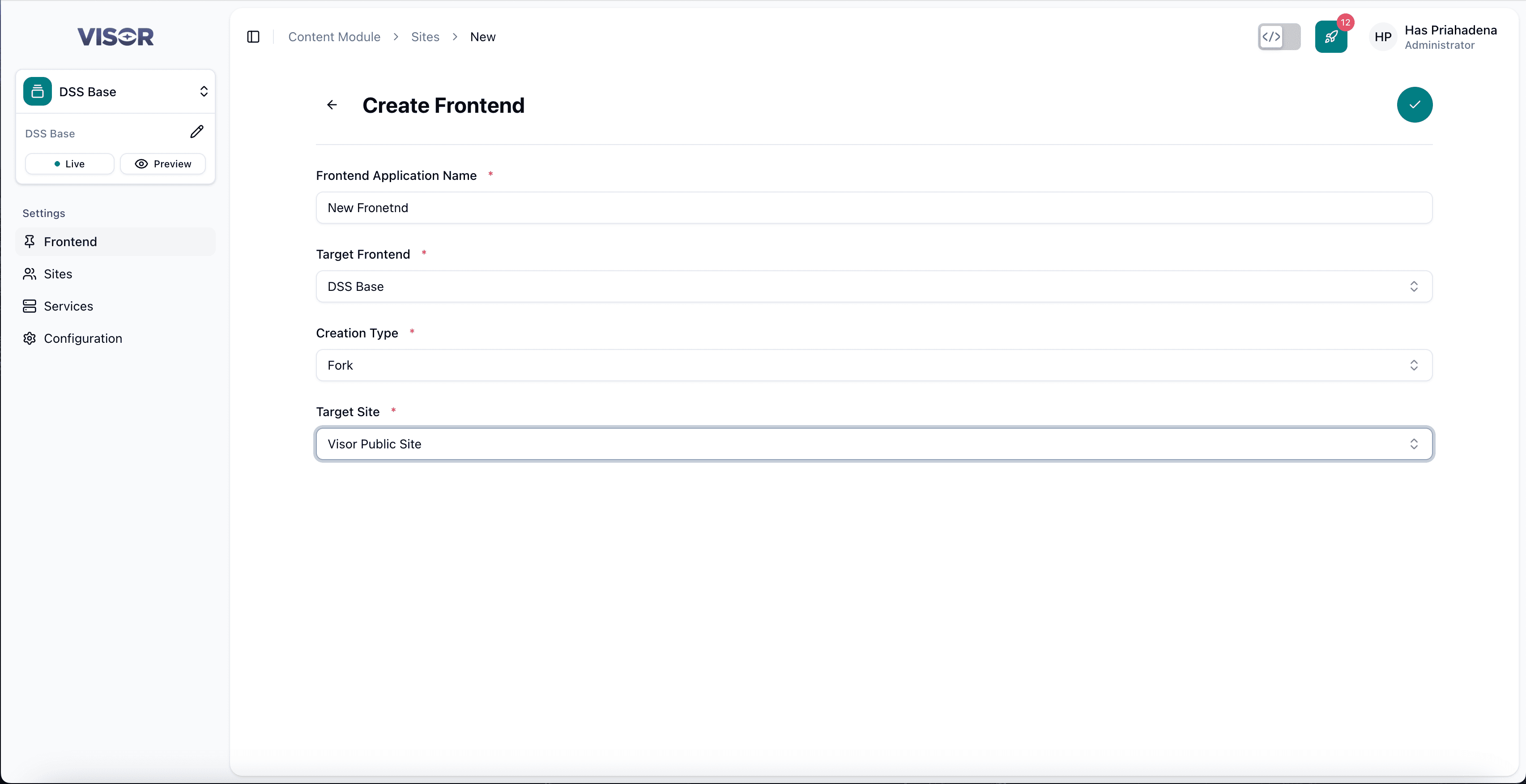 Frontend creation form