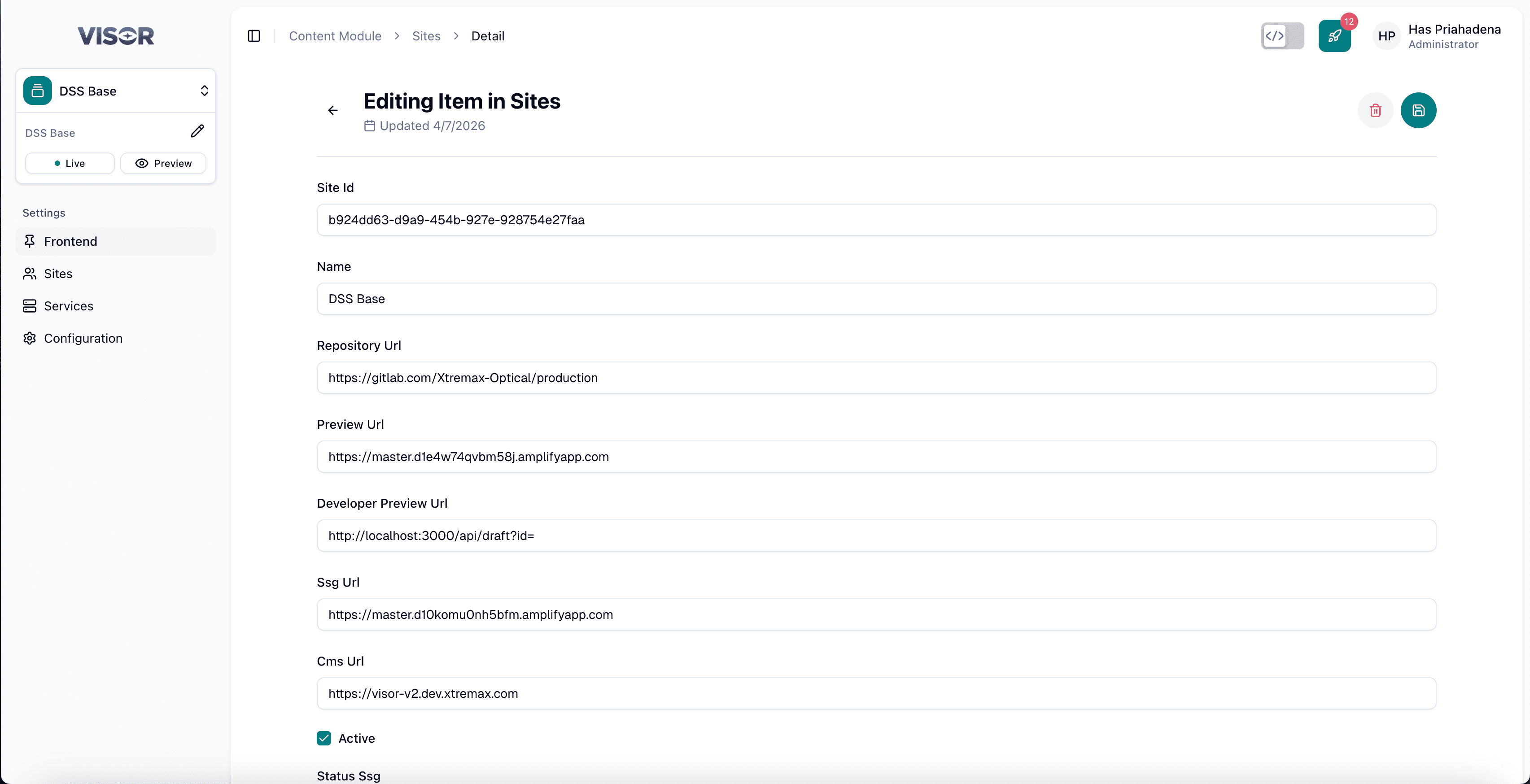 Frontend detail page