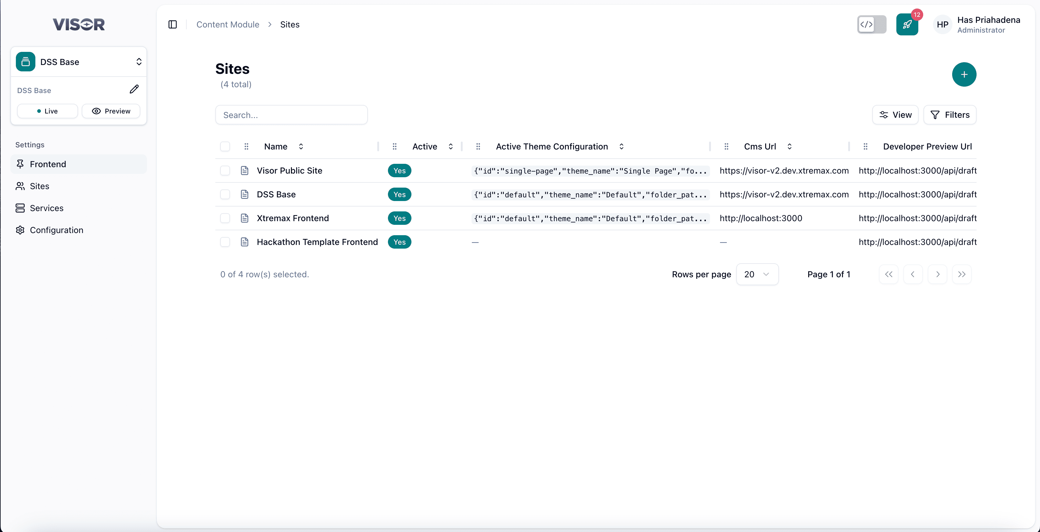 Settings modules in sidebar