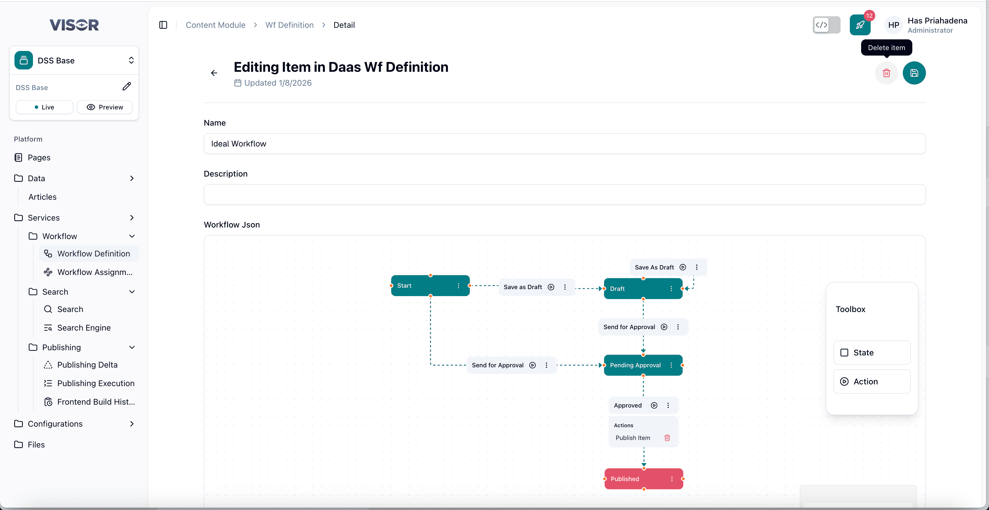 Workflow Definition detail form — delete from form